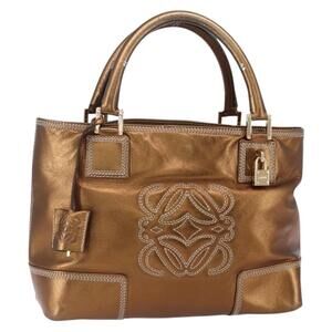 LOEWE Anagram Americana 28 Hand Bag Leather Bronze Gold Auth ep11653